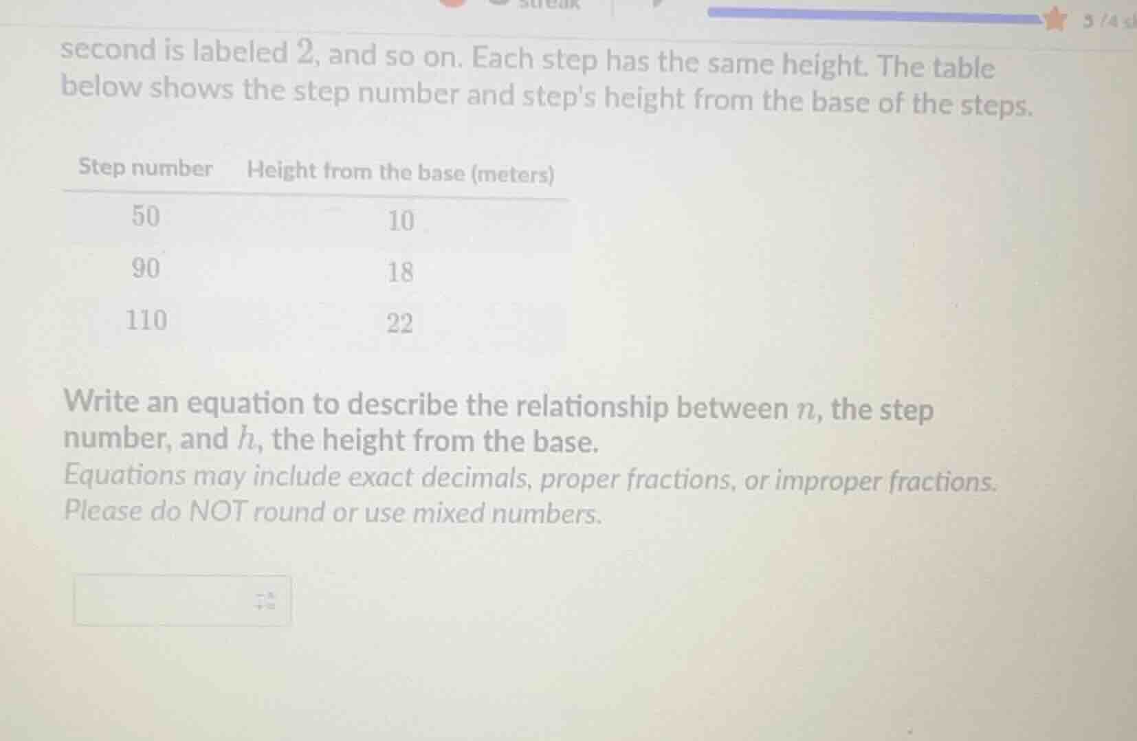 second is labeled 2, and so on. each step has the same height. the tabl…