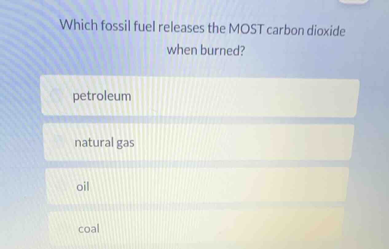 which fossil fuel releases the most carbon dioxide when burned? petrole…