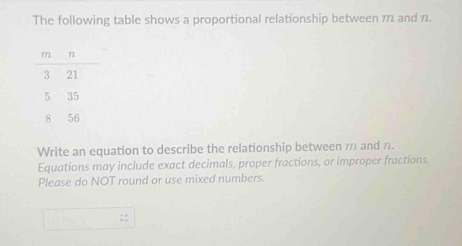 the following table shows a proportional relationship between m and n. …