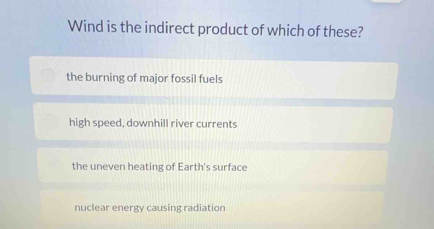 wind is the indirect product of which of these? the burning of major fo…