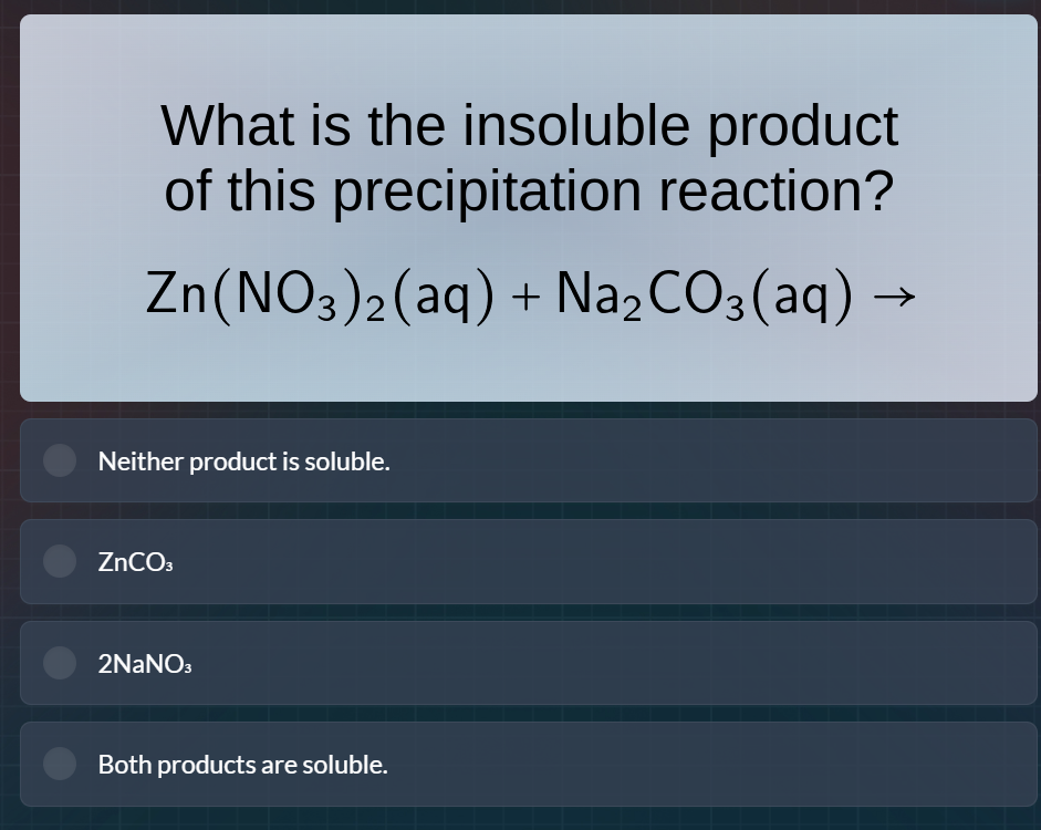 what is the insoluble product of this precipitation reaction? zn(no₃)₂(…