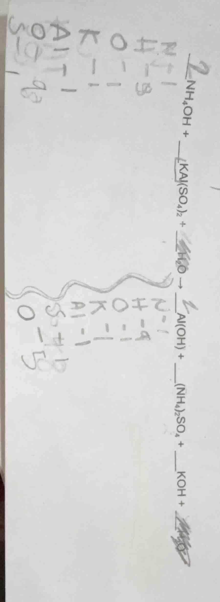 2nh₄oh + kal(so₄)₂ + h₂o → 2al(oh) + (nh₄)₂so₄ + koh +