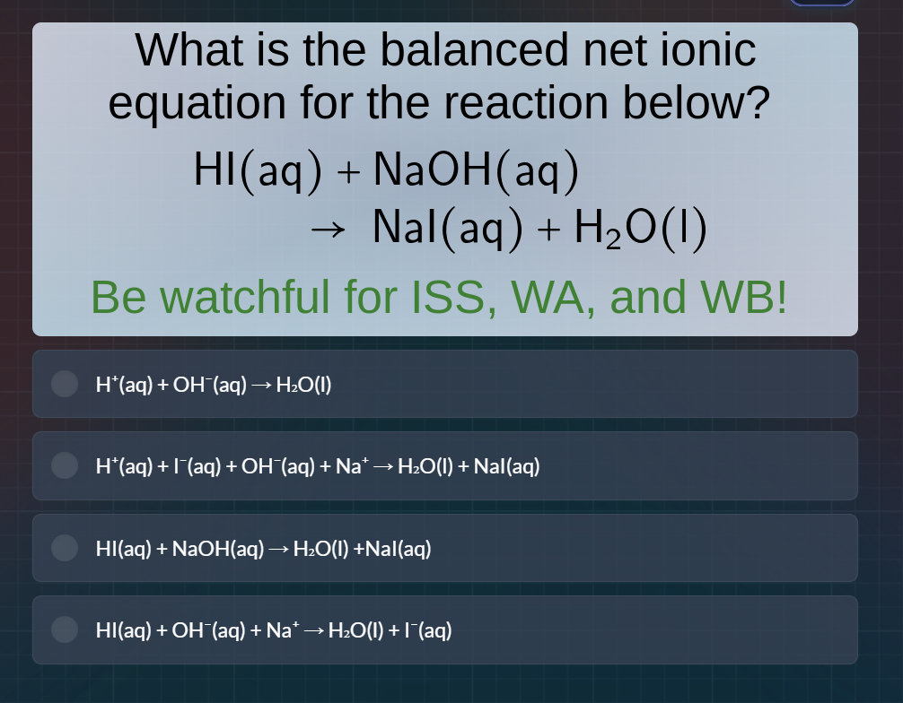 what is the balanced net ionic equation for the reaction below? hi(aq) …