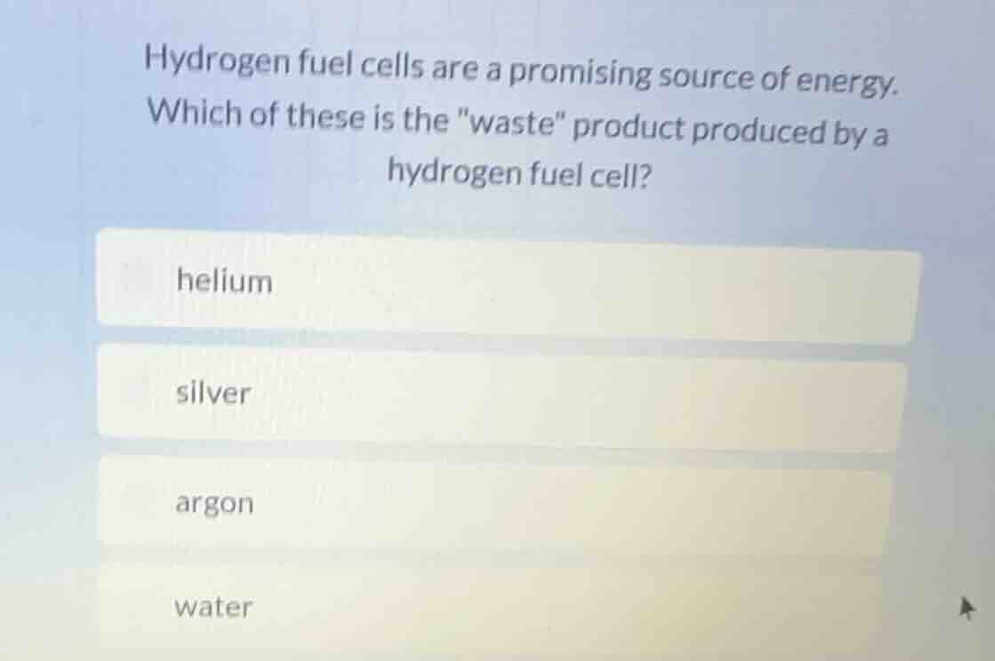 hydrogen fuel cells are a promising source of energy. which of these is…