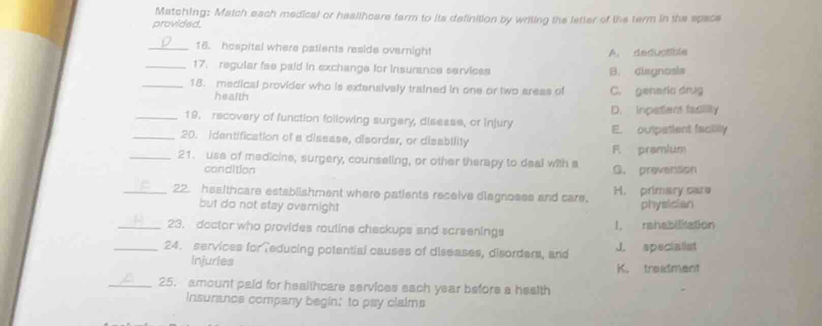 matching: match each medical or healthcare term to its definition by wr…