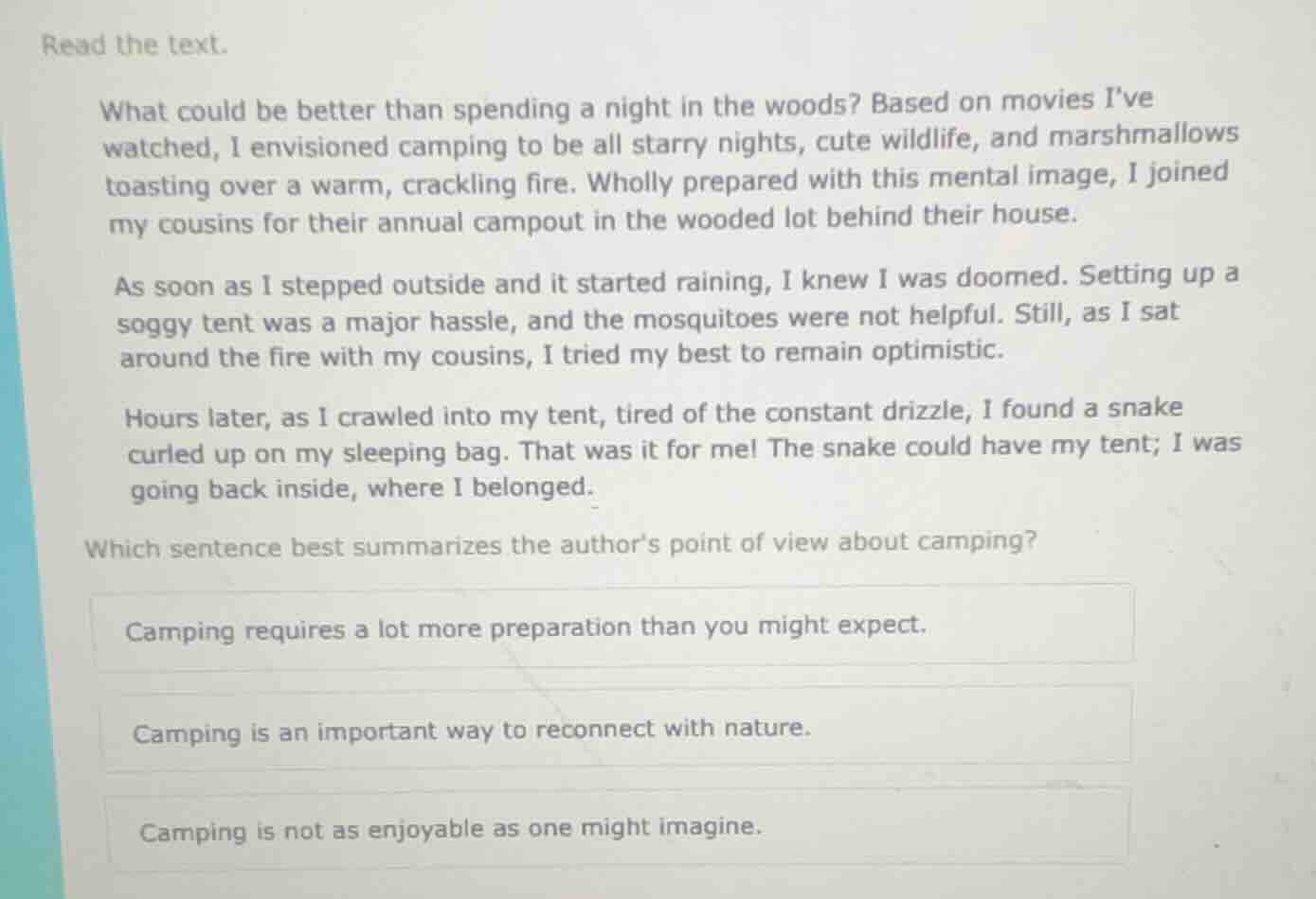 read the text. what could be better than spending a night in the woods?…