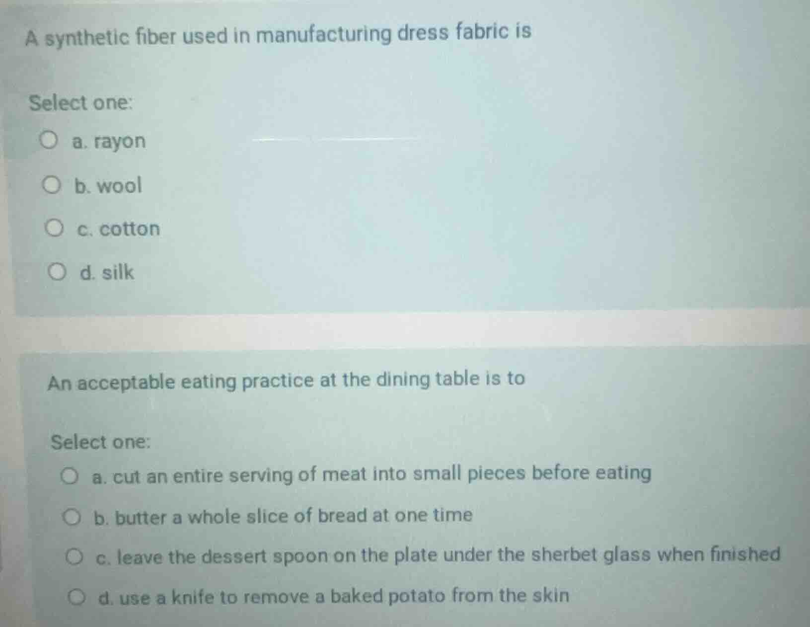 a synthetic fiber used in manufacturing dress fabric is select one: a. …