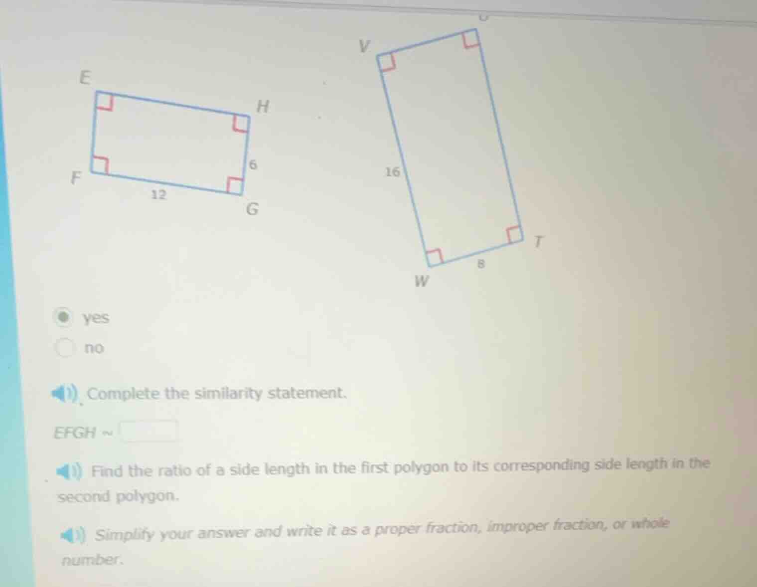 yes no complete the similarity statement. efgh ~ find the ratio of a si…