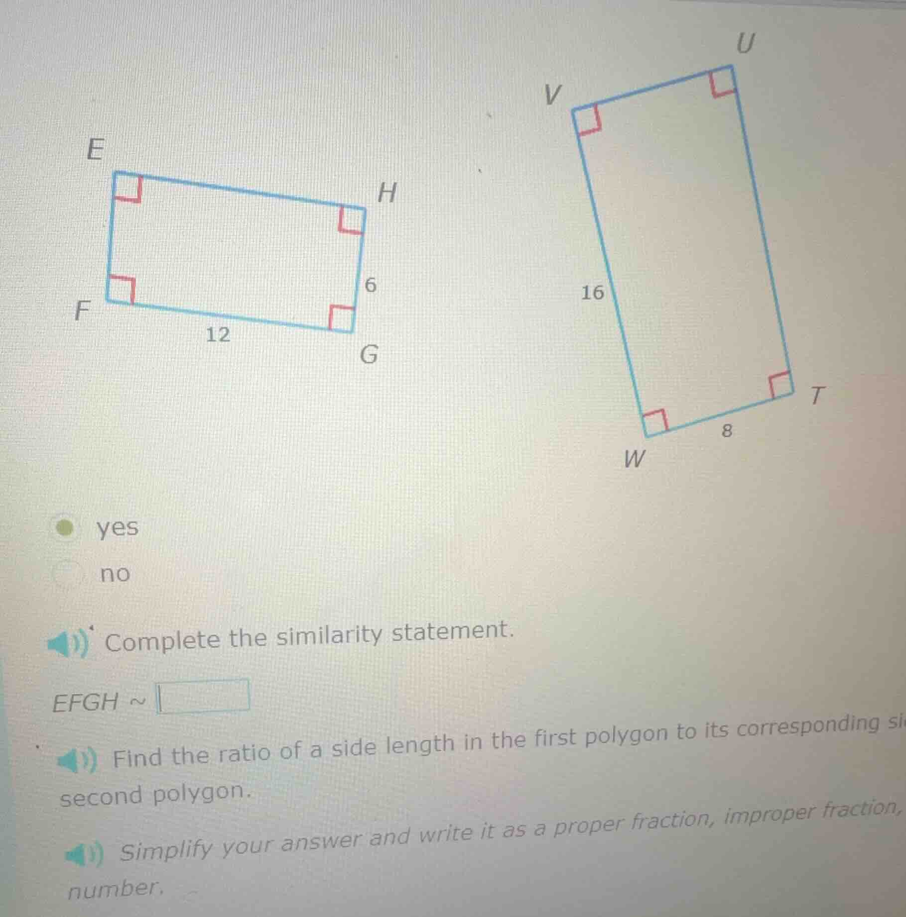 yes no complete the similarity statement. efgh ~ find the ratio of a si…