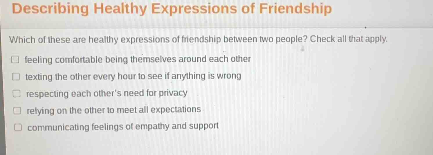 describing healthy expressions of friendship which of these are healthy…
