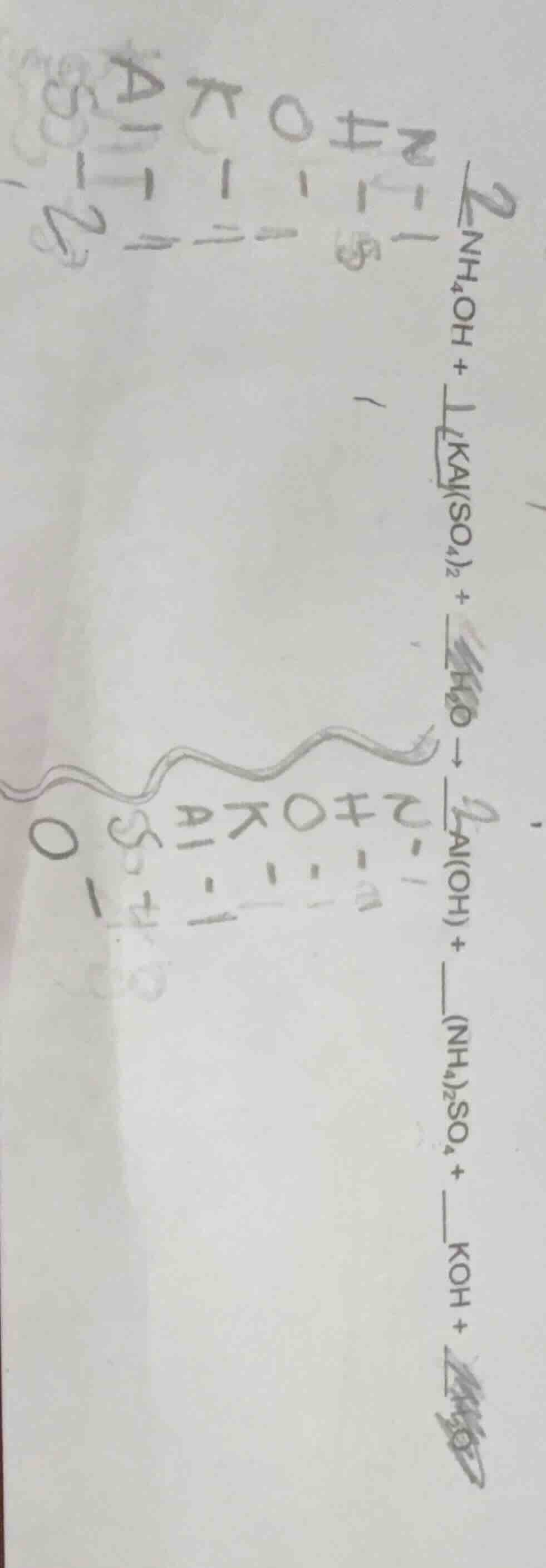 2nh₄oh + 1kal(so₄)₂ + h₂o → 2al(oh) + (nh₄)₂so₄ + koh +