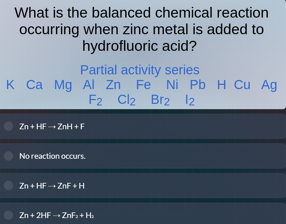 what is the balanced chemical reaction occurring when zinc metal is add…