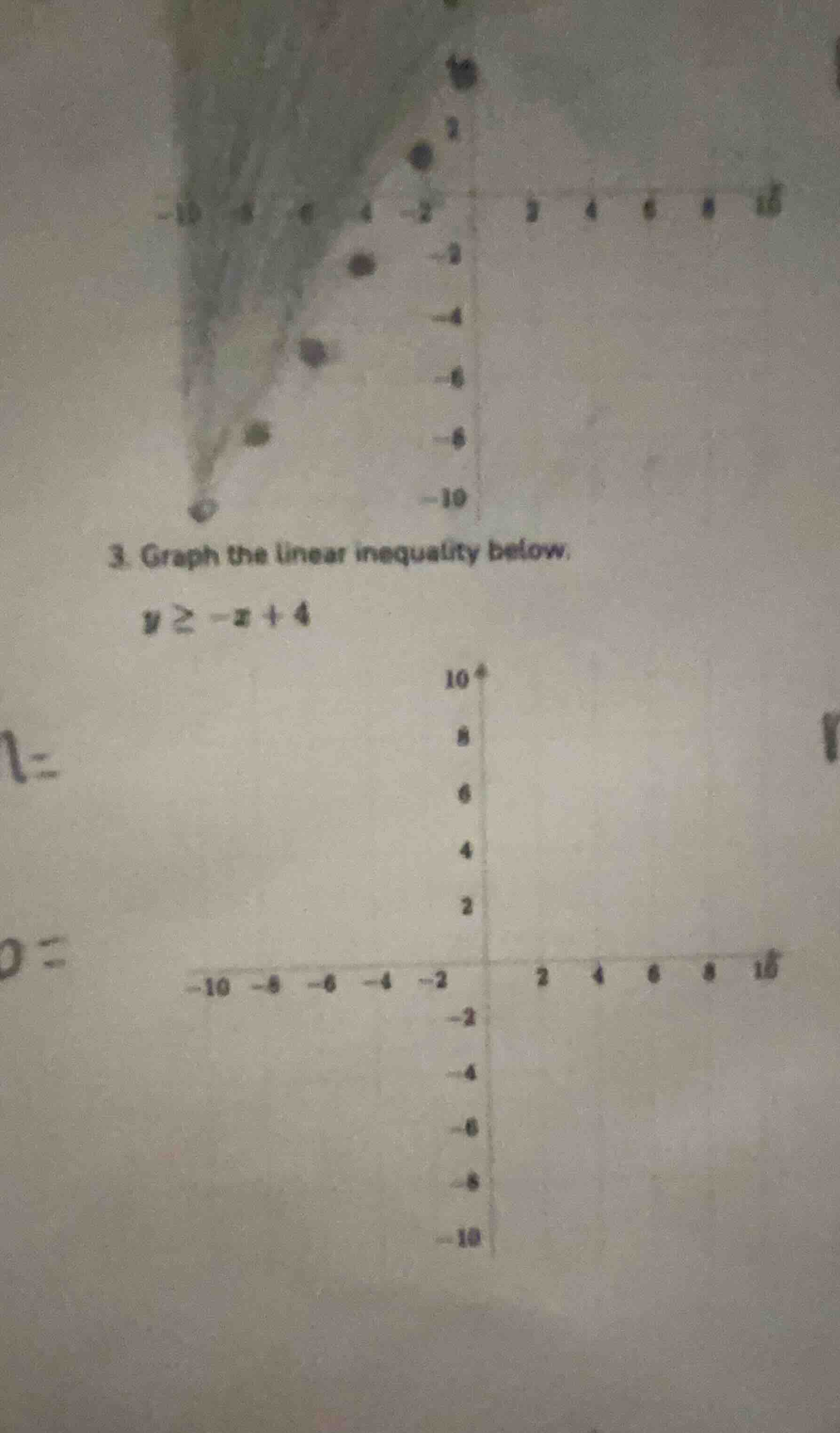 3. graph the linear inequality below. $y \\geq -x + 4$