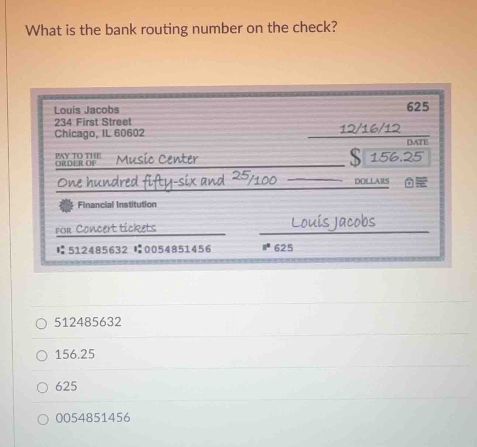 what is the bank routing number on the check? louis jacobs 234 first st…