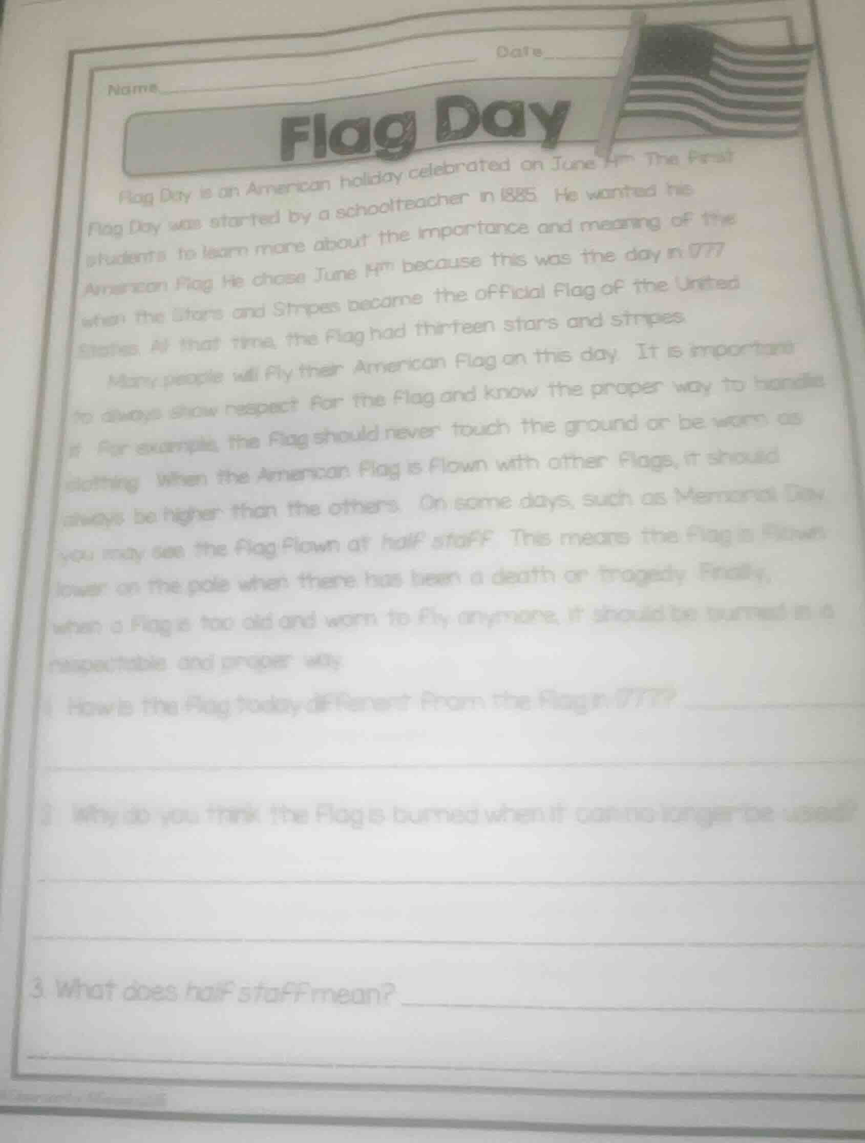 name______ date______ flag day flag day is an american holiday celebrat…