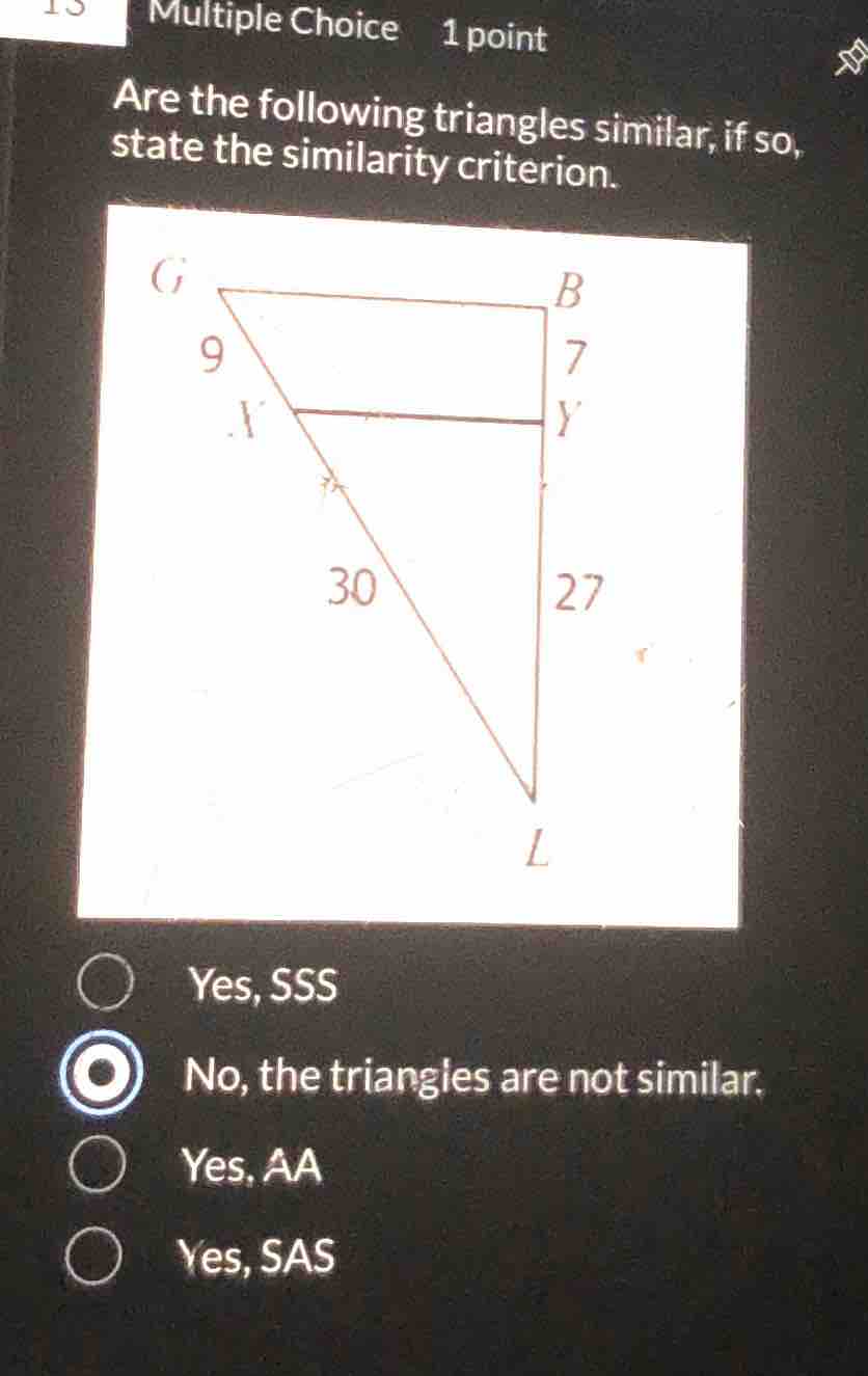 multiple choice 1 point are the following triangles similar, if so, sta…