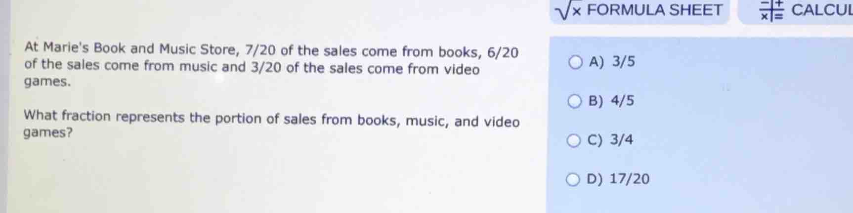 at maries book and music store, 7/20 of the sales come from books, 6/20…