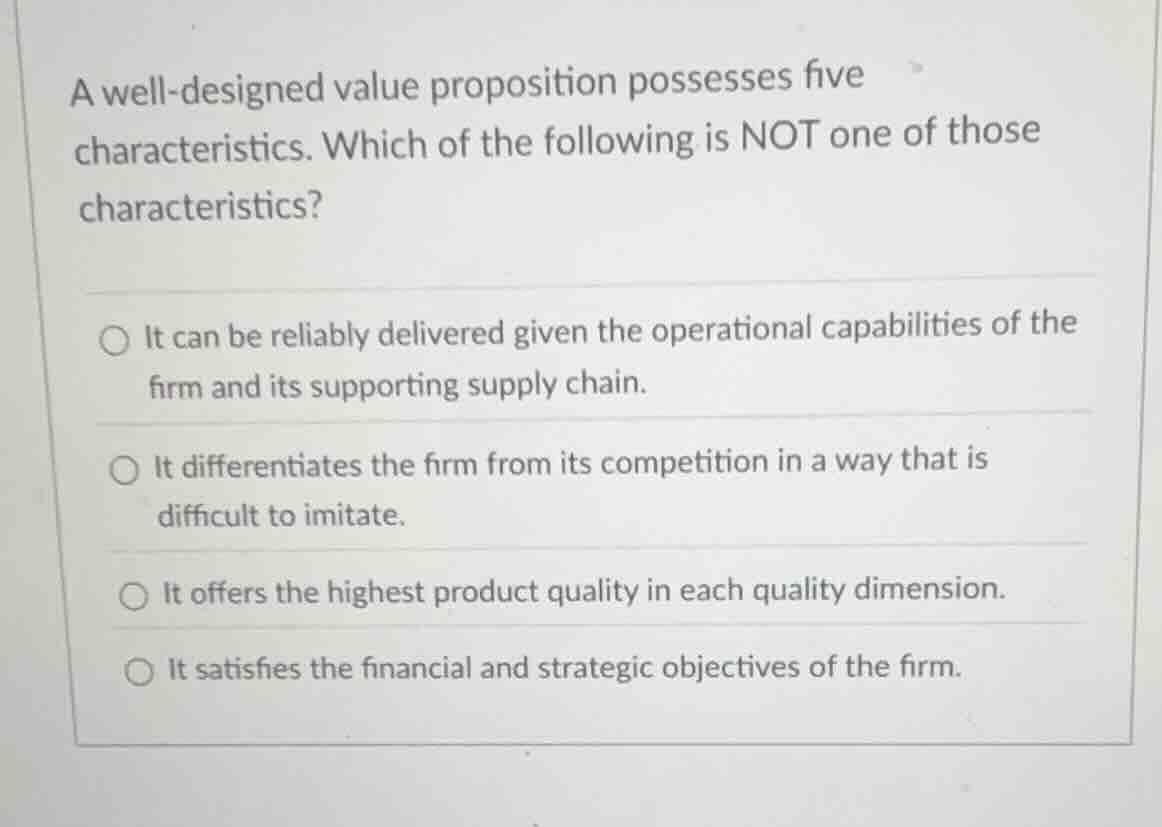 a well - designed value proposition possesses five characteristics. whi…