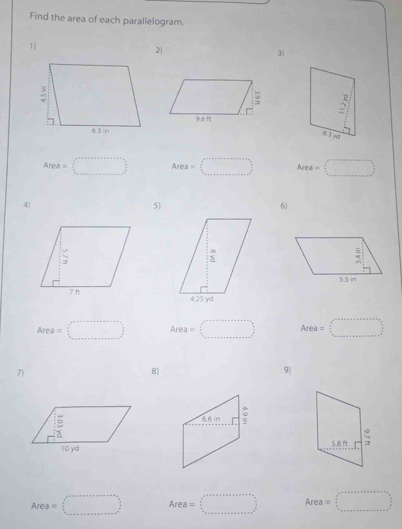 find the area of each parallelogram. 1) area = 2) area = 3) area = 4) a…