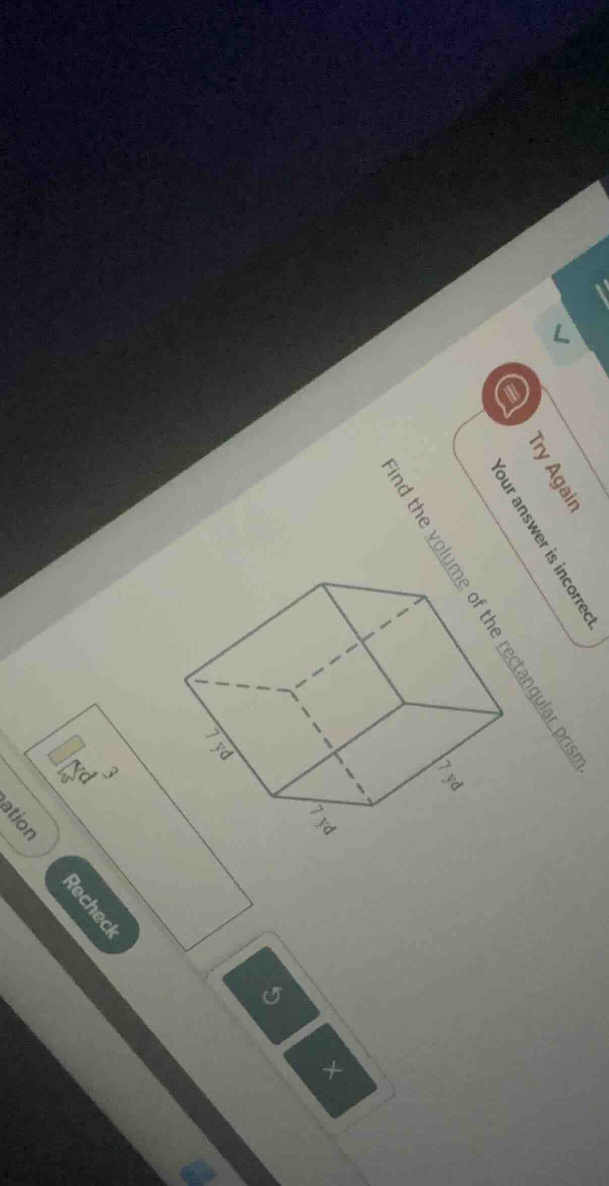 find the volume of the rectangular prism. try again your answer is inco…