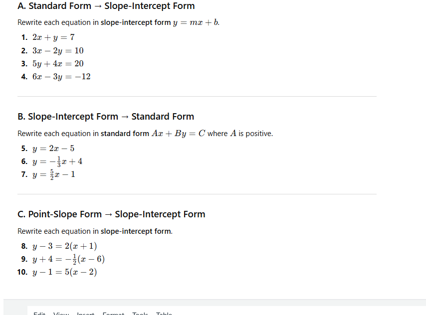 a. standard form → slope-intercept form rewrite each equation in slope-…