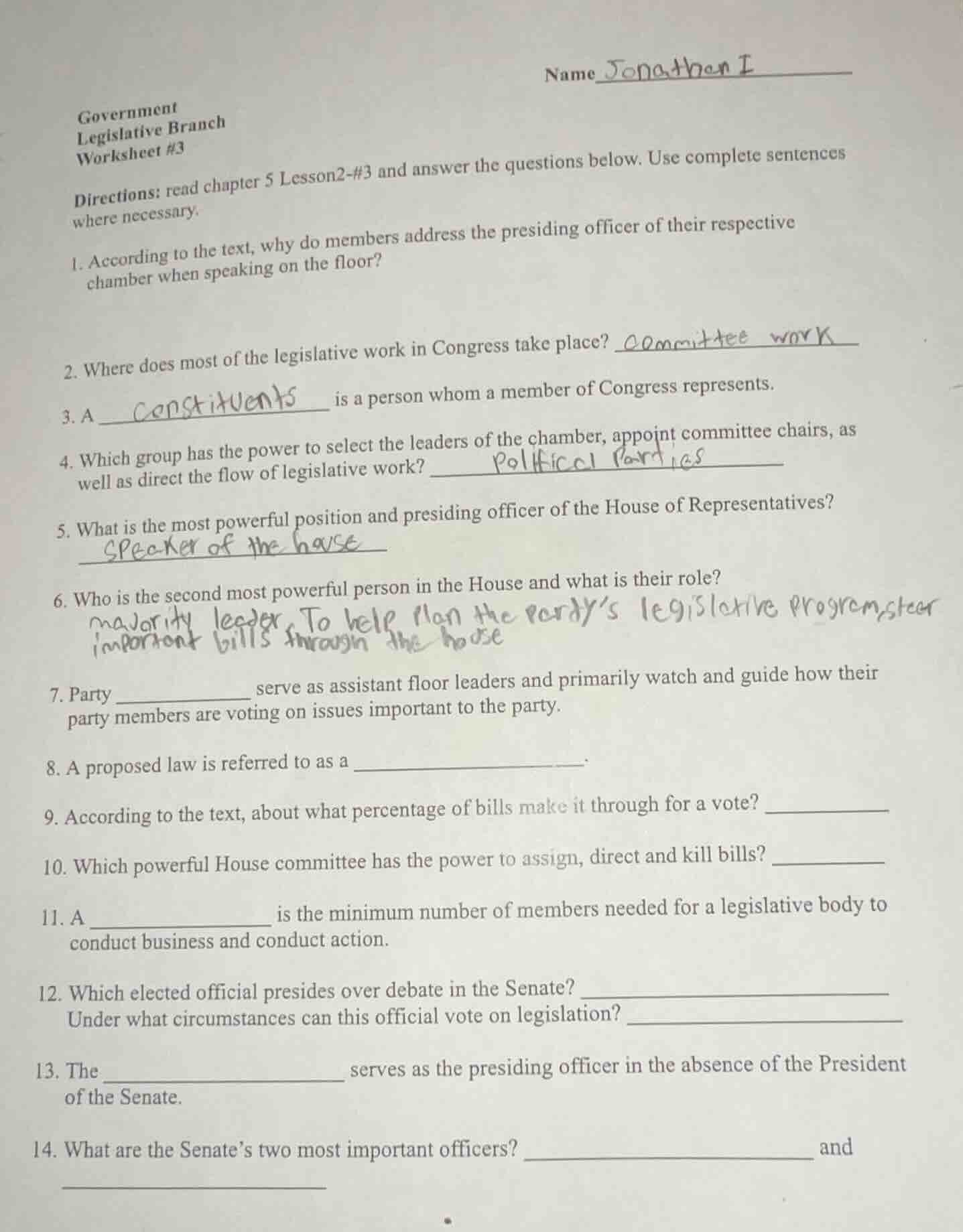 government legislative branch worksheet #3 directions: read chapter 5 l…