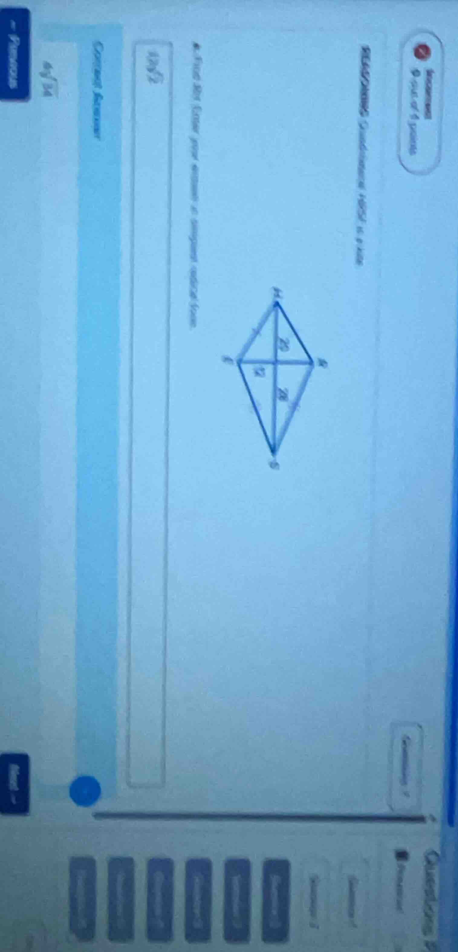 find the length of the diagonal of a rhombus (the rhombus is shown in t…