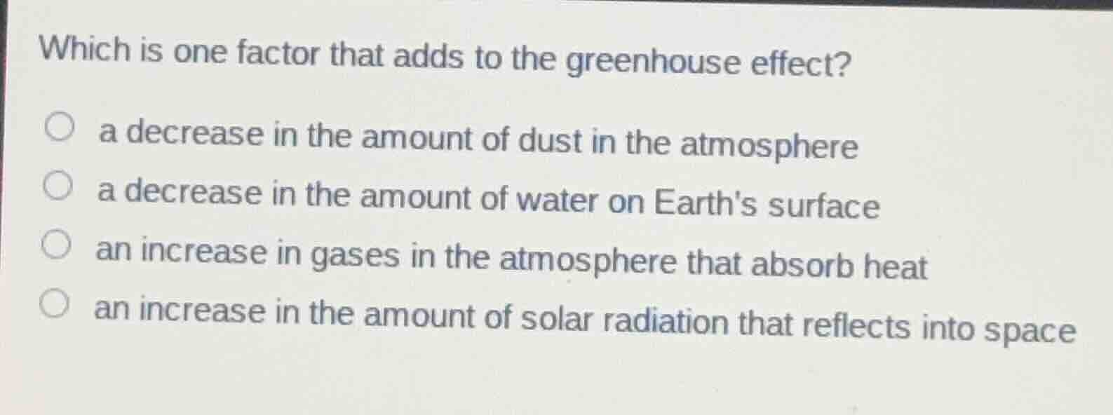 which is one factor that adds to the greenhouse effect? a decrease in t…