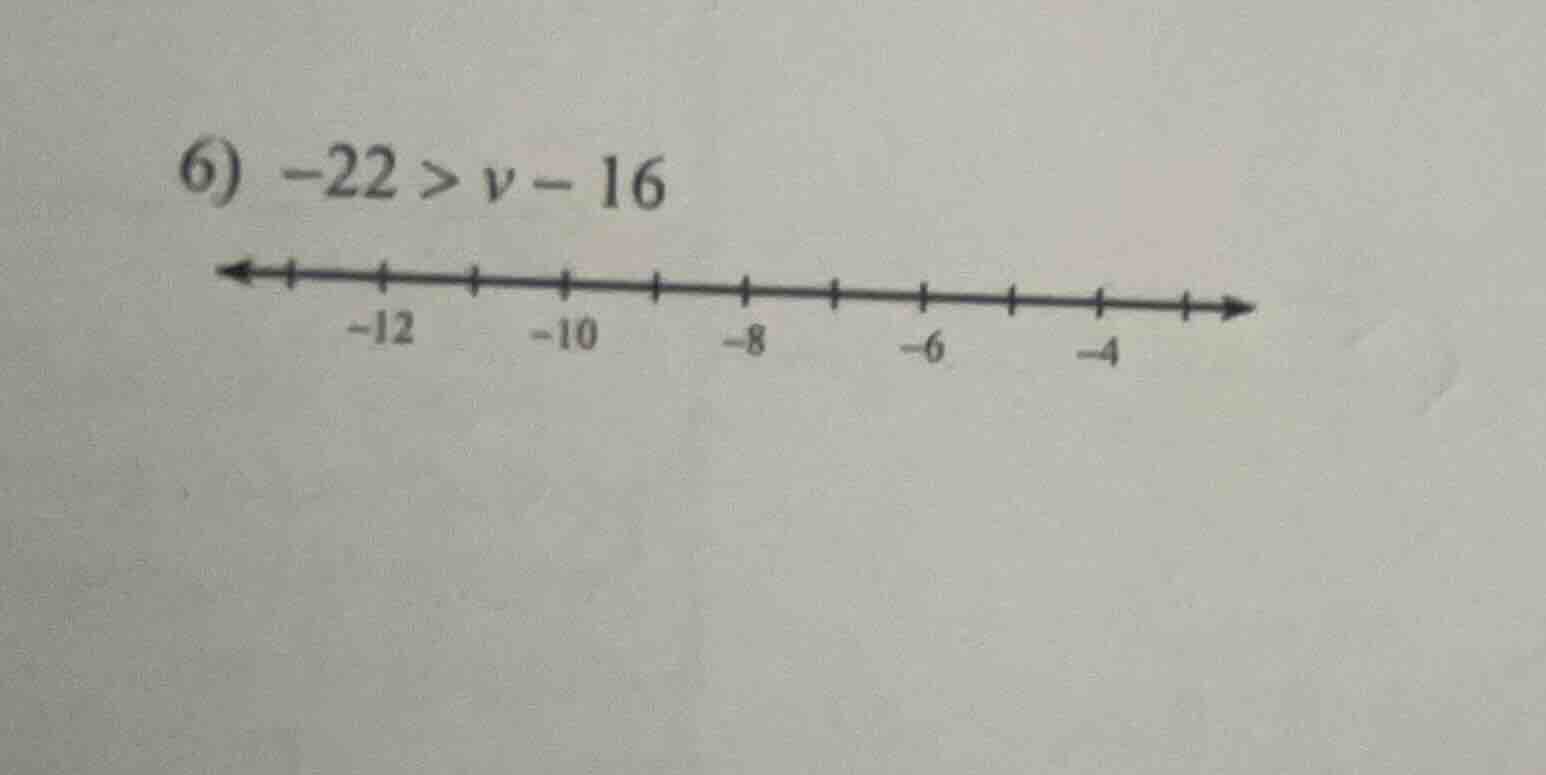 6) -22 > v - 16