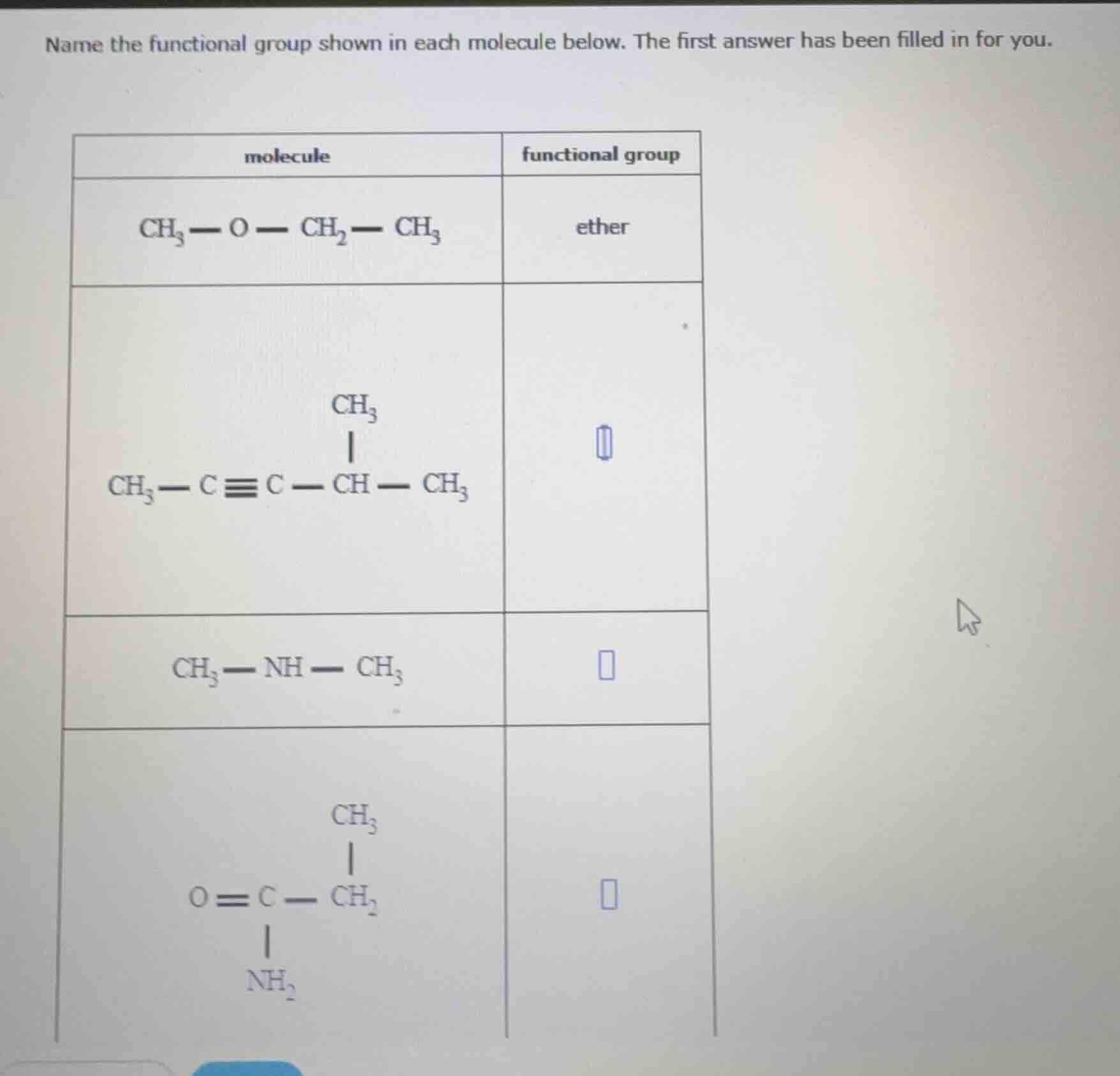 name the functional group shown in each molecule below. the first answe…