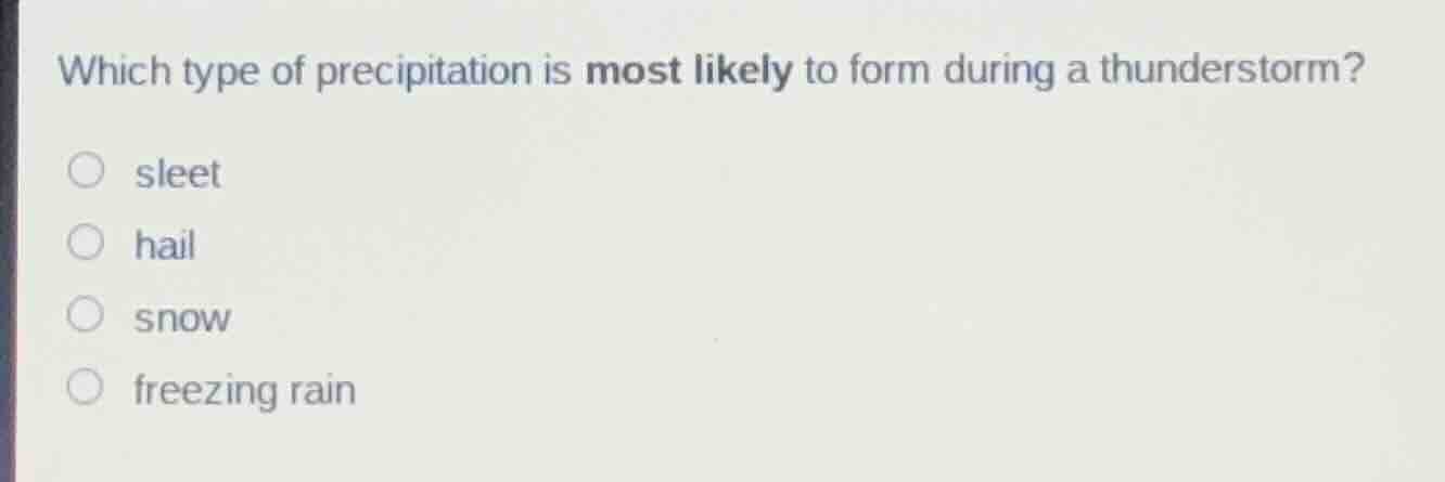 which type of precipitation is most likely to form during a thunderstor…