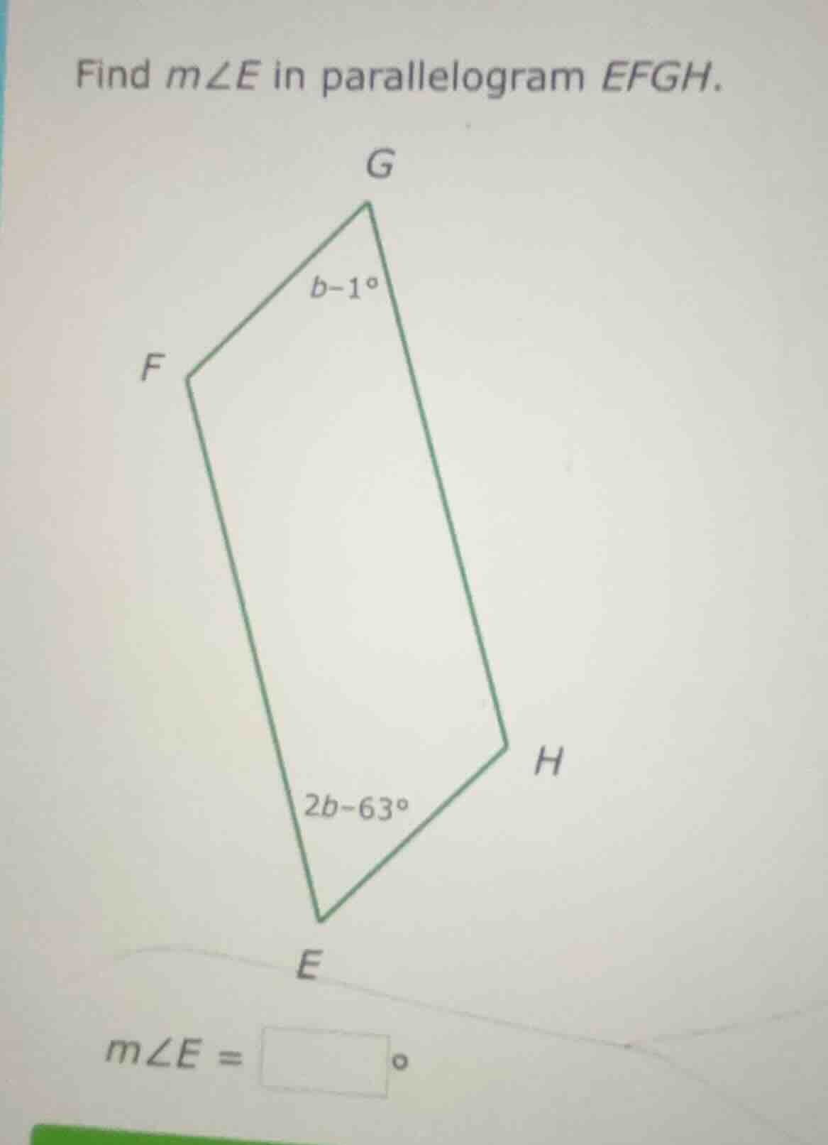 find ( mangle e ) in parallelogram ( efgh ). ( mangle e = square^circ )