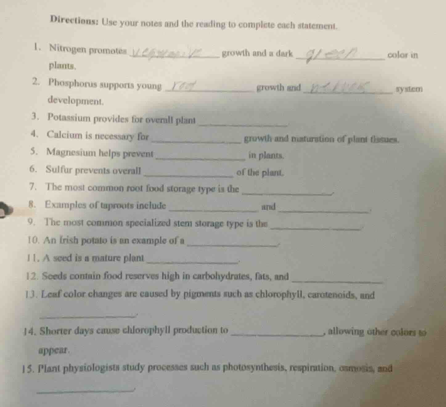 directions: use your notes and the reading to complete each statement. …