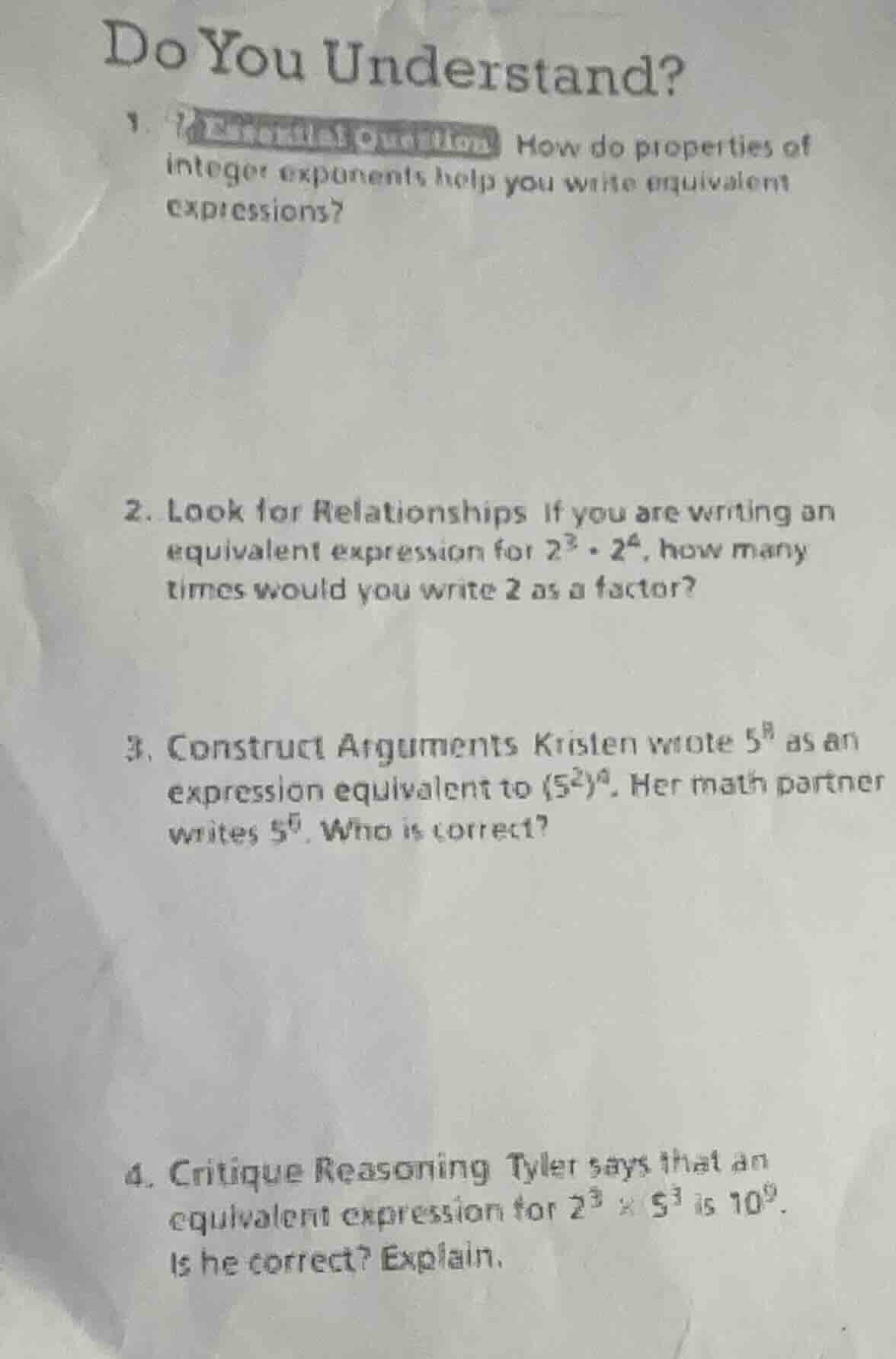 do you understand? 1. essential question how do properties of integer e…