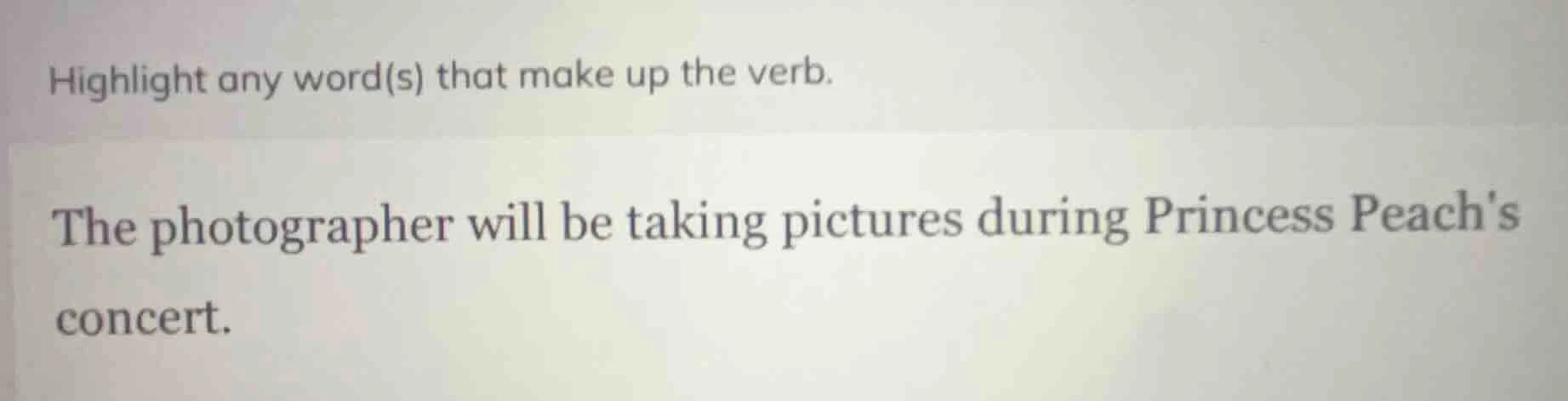 highlight any word(s) that make up the verb. the photographer will be t…