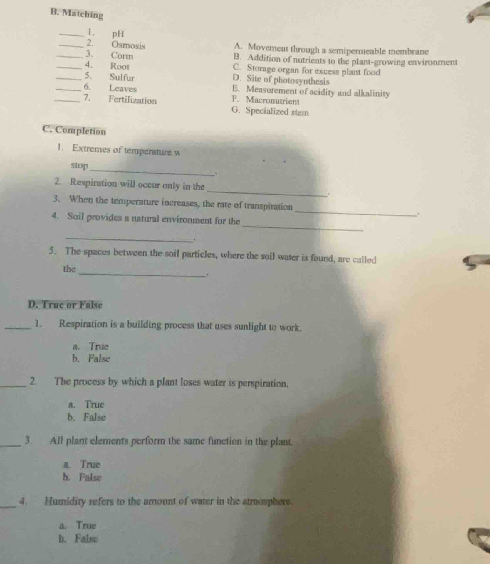 b. matching ______ 1. ph ______ 2. osmosis ______ 3. corn ______ 4. roo…