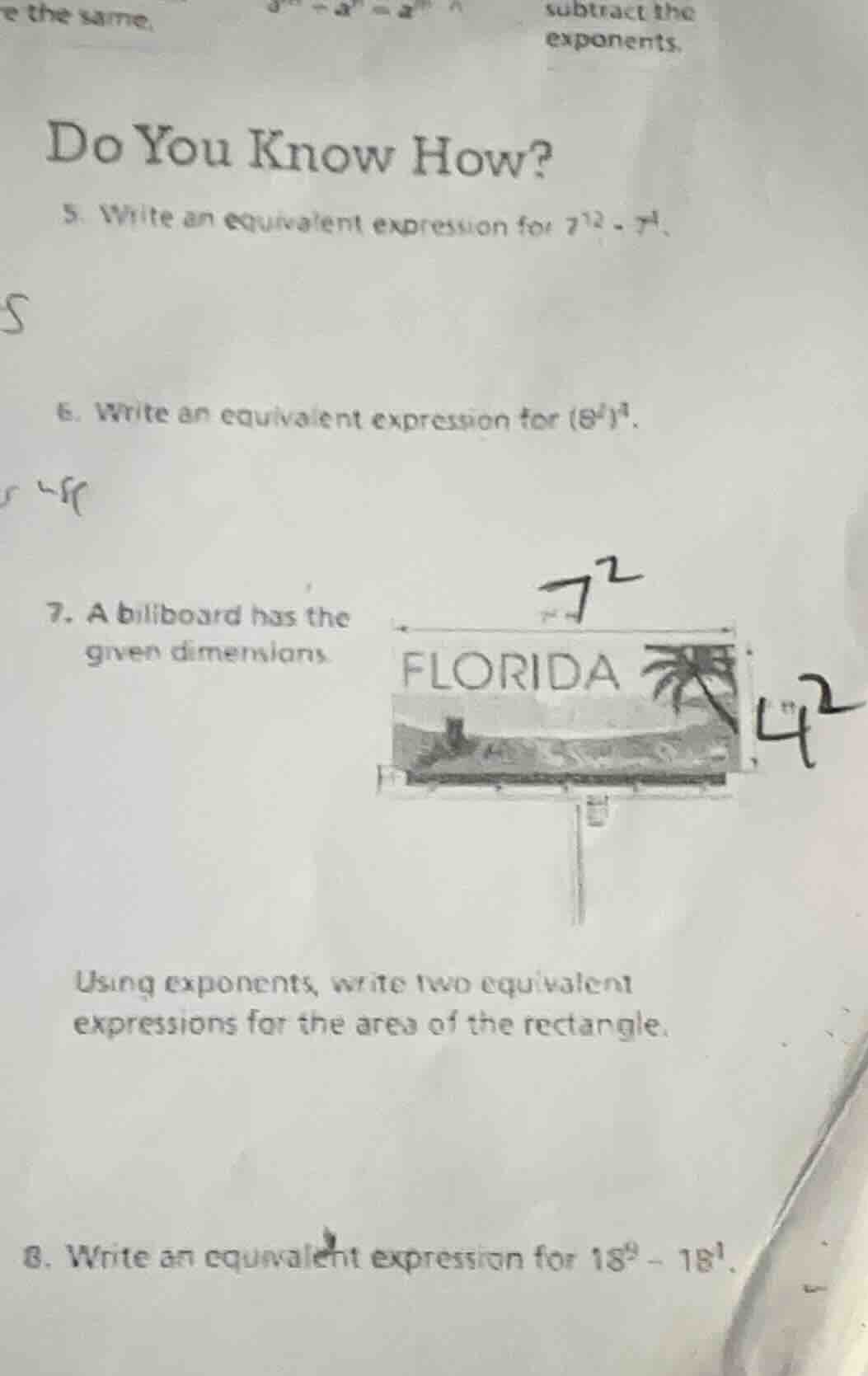 do you know how? 5. write an equivalent expression for (7^{12}div7^{4})…
