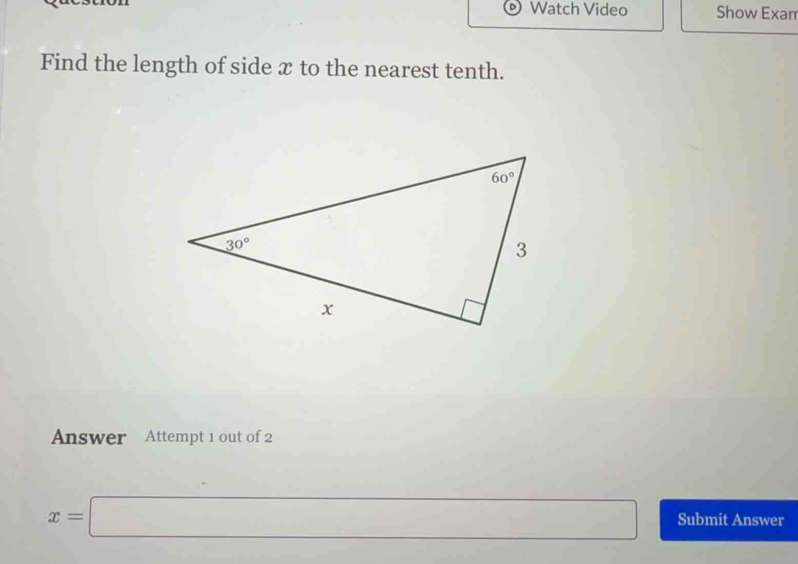 find the length of side ( x ) to the nearest tenth. (there is a right t…