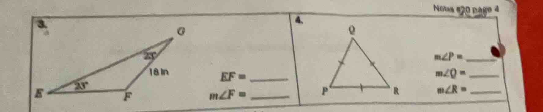 3. e f g triangle, angle at e is 25°, angle at g is 25°, side gf is 18 …