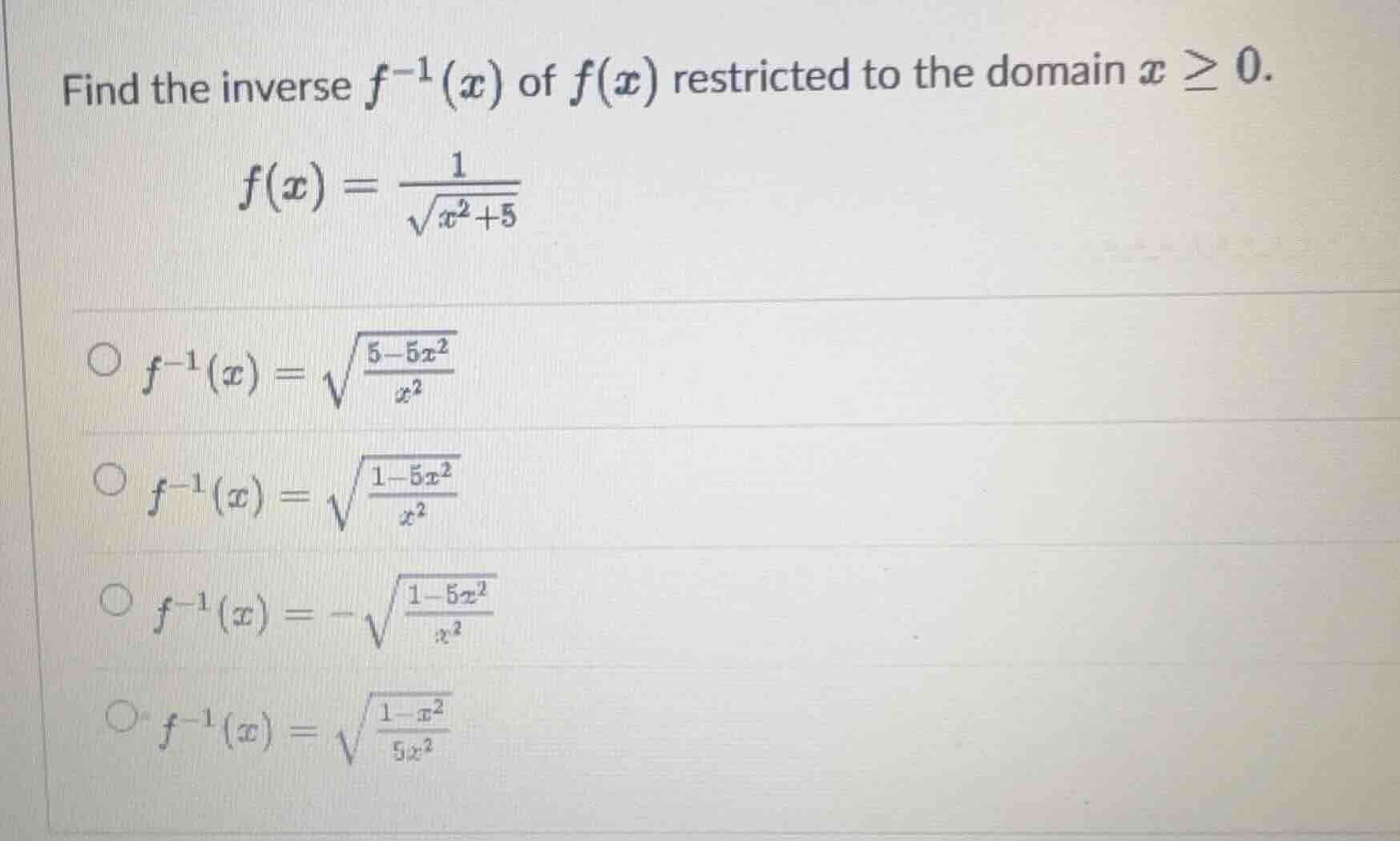 find the inverse $f^{-1}(x)$ of $f(x)$ restricted to the domain $x \\ge…
