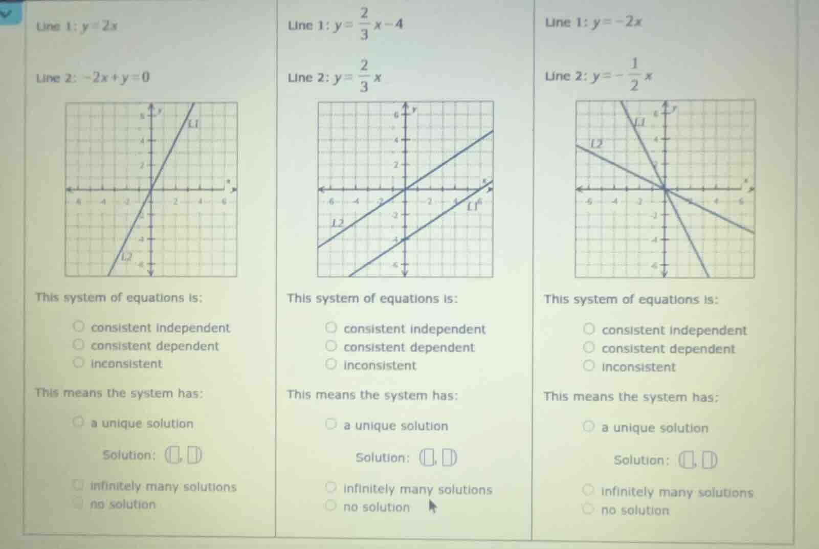 line 1: ( y = 2x ) line 2: ( -2x + y = 0 ) this system of equations is:…