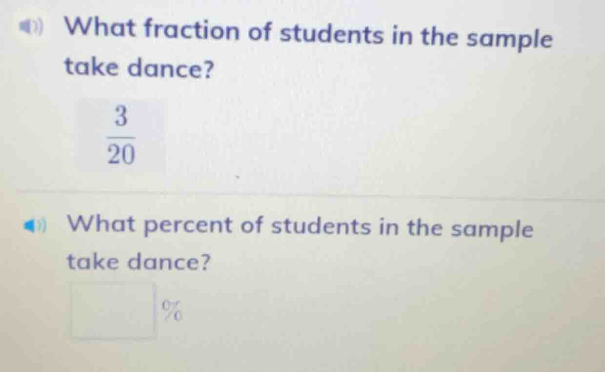 what fraction of students in the sample take dance? \\(\\frac{3}{20}\\)…