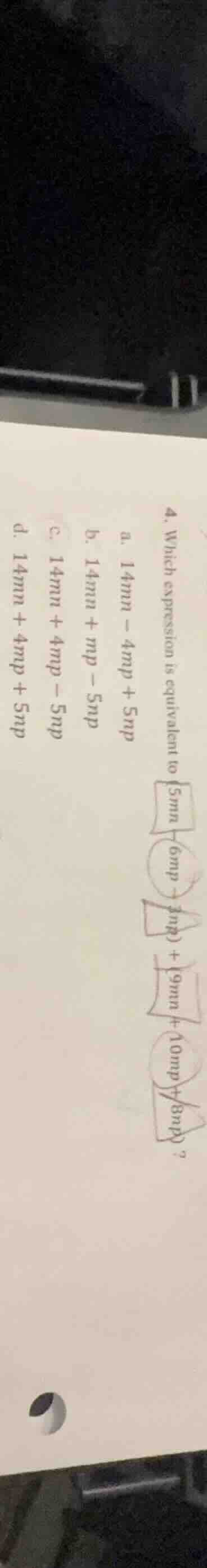 4. which expression is equivalent to \\(5mn - 6mp - 3np + 9mn + 10mp + …