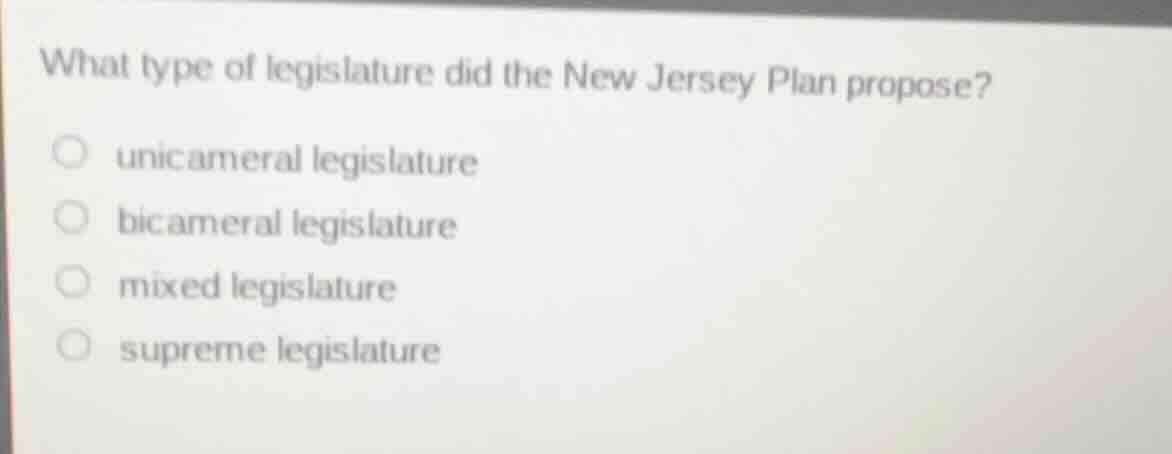 what type of legislature did the new jersey plan propose? uncameral leg…