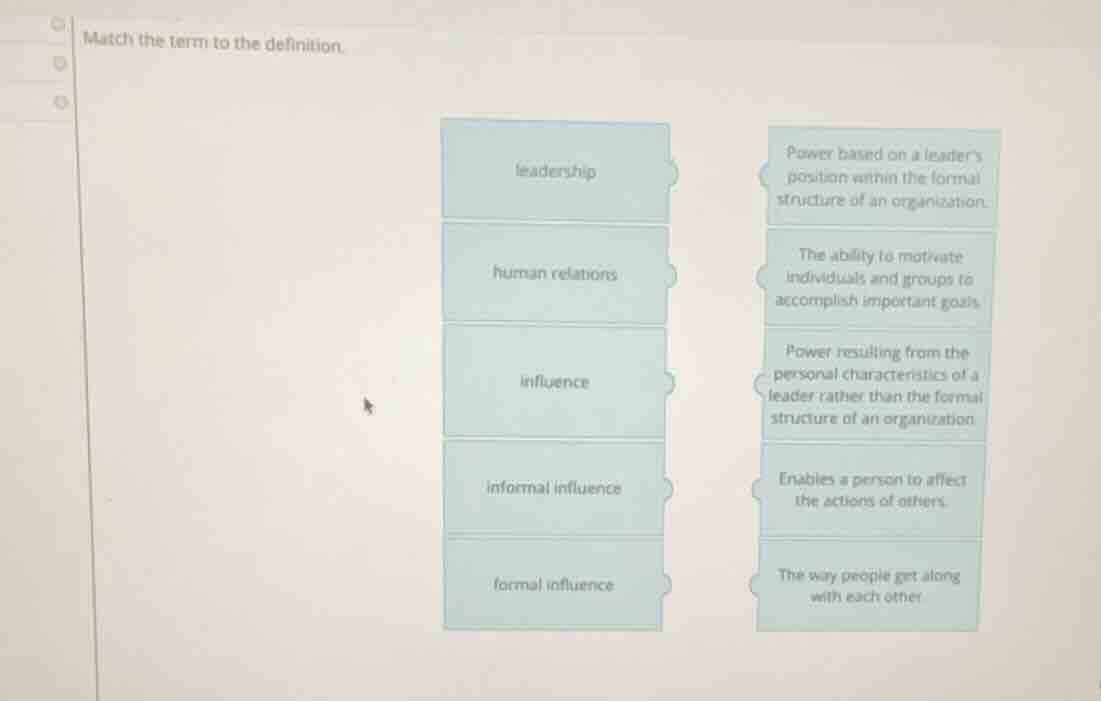 match the term to the definition. leadership power based on a leaders p…
