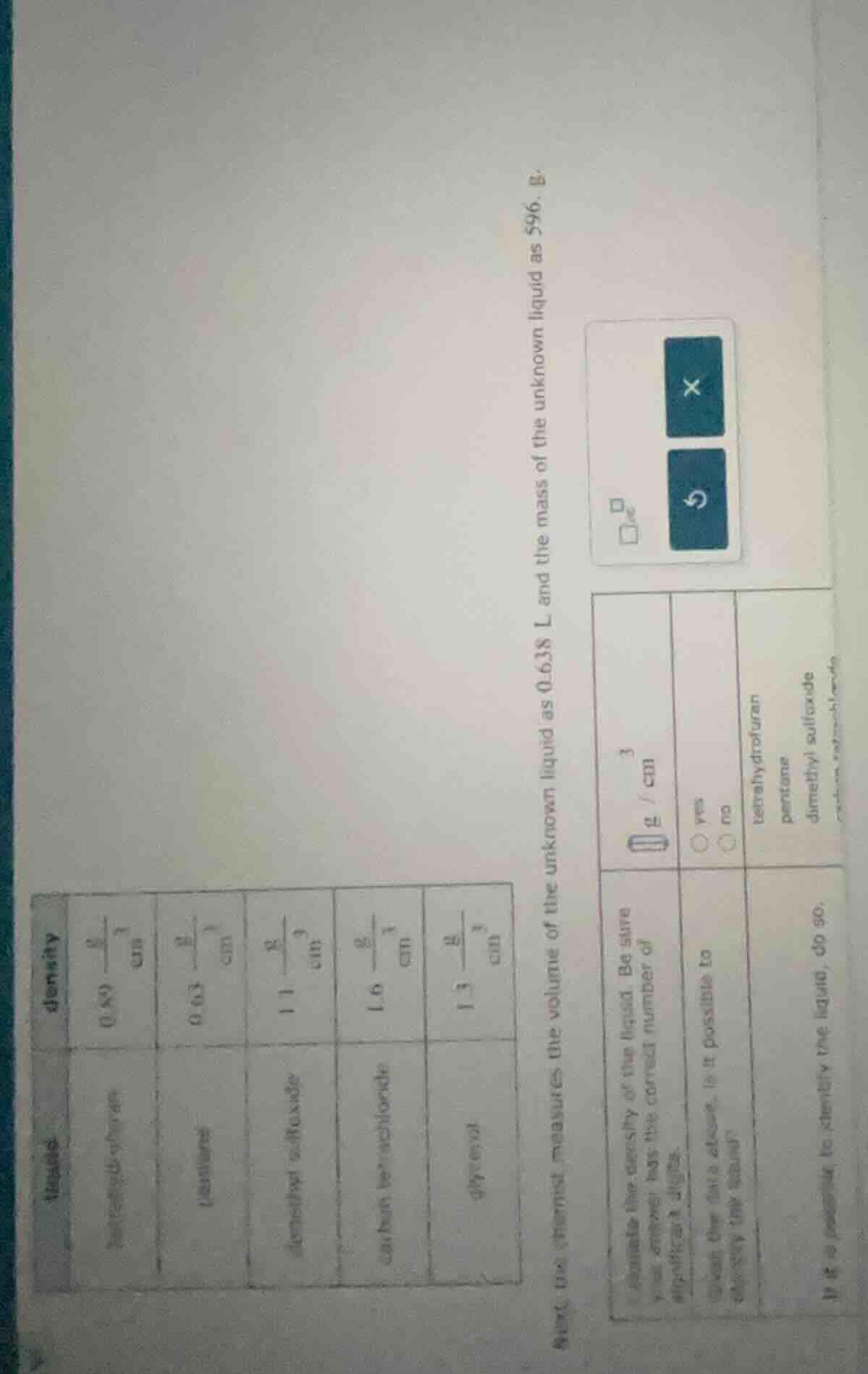 density table (partially visible) with liquids and their densities in g…