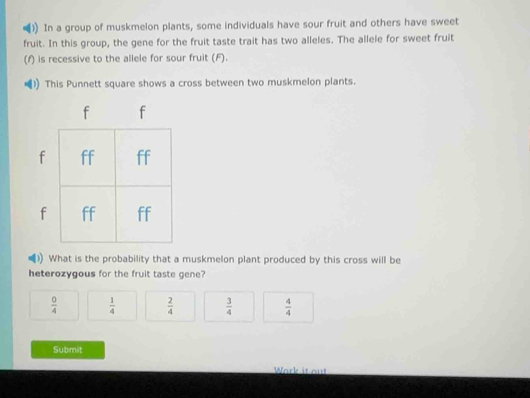 in a group of muskmelon plants, some individuals have sour fruit and ot…
