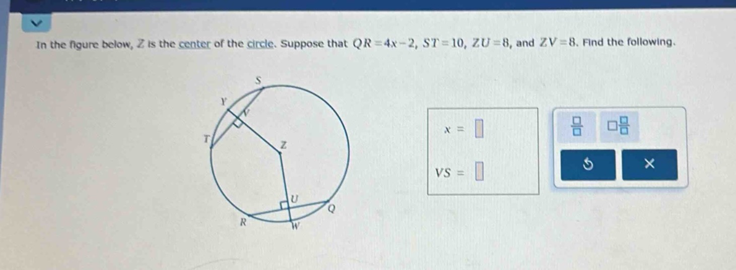 in the figure below, z is the center of the circle. suppose that ( qr =…