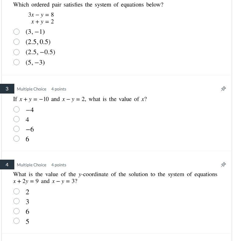 which ordered pair satisfies the system of equations below? $3x - y = 8…