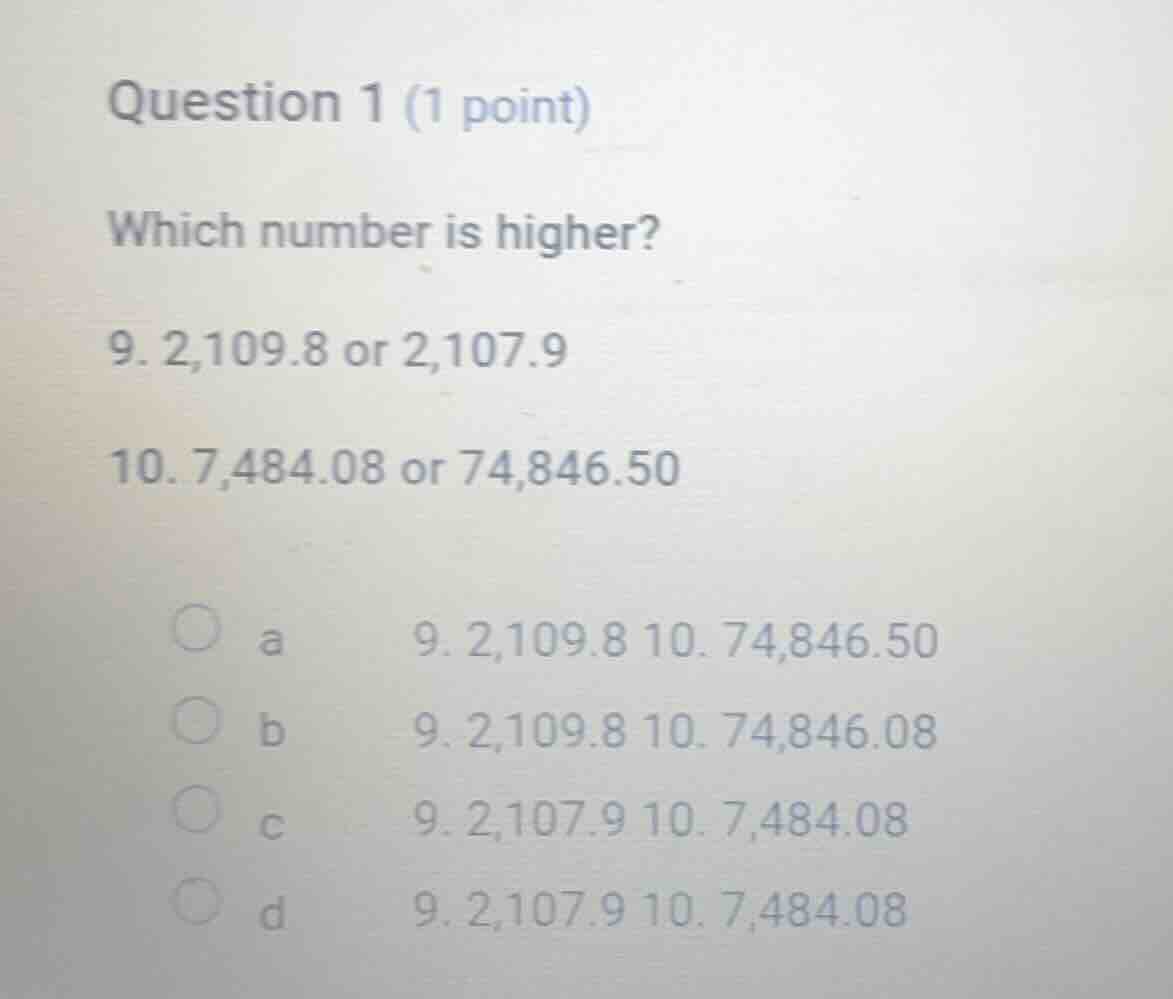 question 1 (1 point) which number is higher? 9. 2,109.8 or 2,107.9 10. …